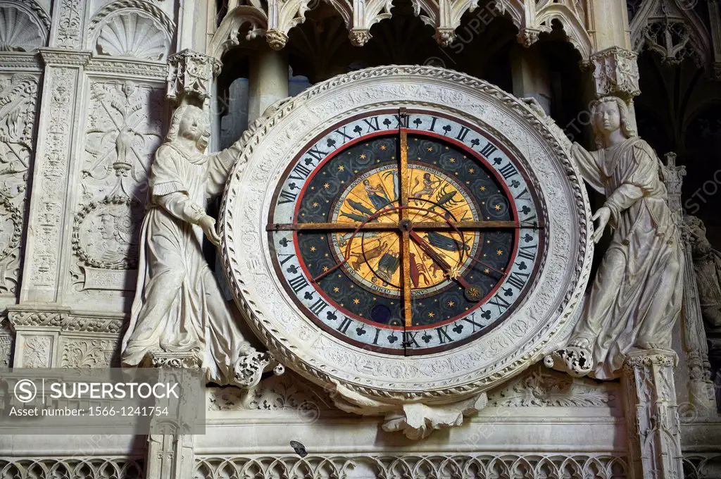 16th century flamboyant gothic Astrological Clock in the choir screen of the Cathedral of Chartres, France  A UNESCO World Heritage Site  The chancel ...