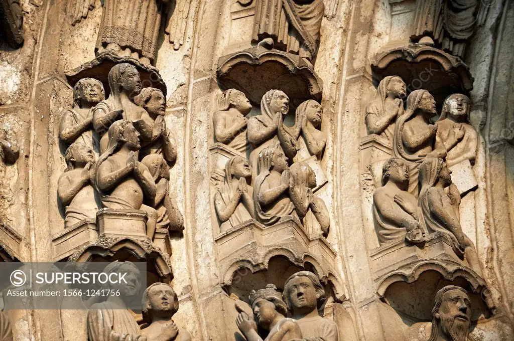 Medieval Gothic Sculptures of the South portal of the Cathedral of Chartres, France  The portal shaows the Last Judgement and the small figures repres...