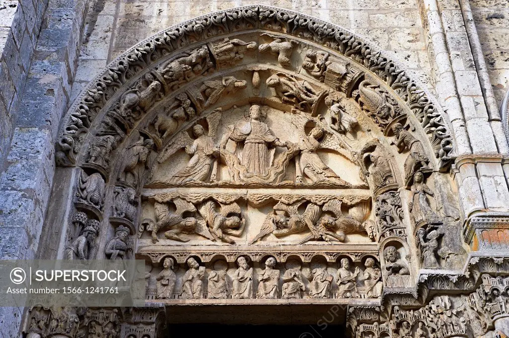 West Facade, Left Portal - General View of Tympanum c  1145  Cathedral of Chartres, France  The tympanum of the left door shows the Ascension or the S...