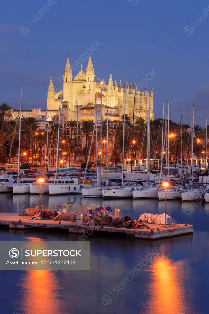 Mallorca Cathedral from the dock of the Riba, XIII Century, Historic-Artistic, Palma, Mallorca, Balearic Islands, Spain, Europe