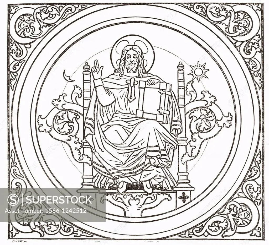 Detail of ceiling mural of Christ Pantocrator in St  Michael´s Church, Hildesheim, Germany  From Histoire Des Peintres, École Allemande, published 187...