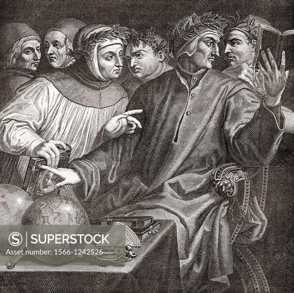Six Tuscan Poets by Giorgio Vasari  From left to right Marsilio Ficino, 1433-1499, Cristoforo Landino, 1424-1498/1504, Francesco Petrarch, 1304-1374, ...