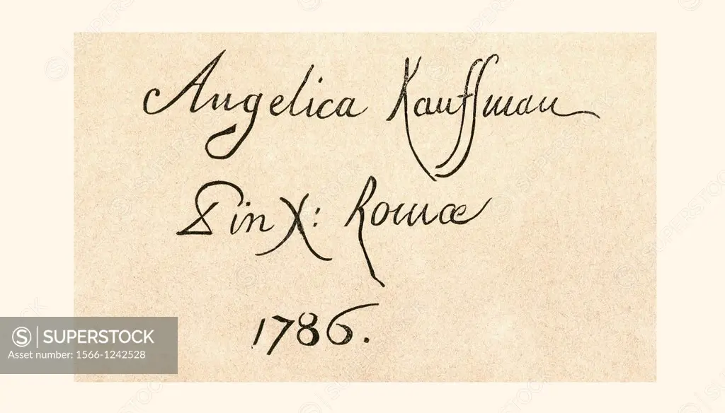 Signature of Maria Anna Angelika or Angelica Katharina Kauffman, 1741 -1807  Swiss-Austrian Neoclassical artist  From Histoire Des Peintres, École All...