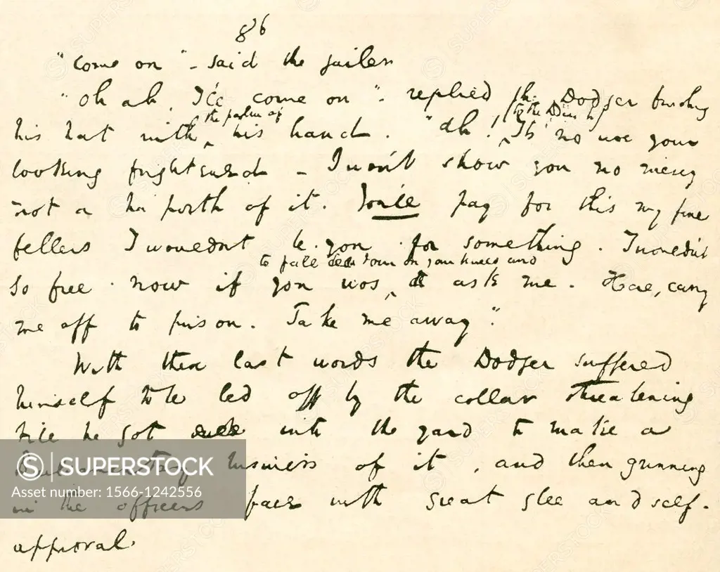 From the original manuscript of Oliver Twist by Charles Dickens, where ´The Dodger´ cheeks the magistrate  Charles John Huffam Dickens, 1812 -1870  En...