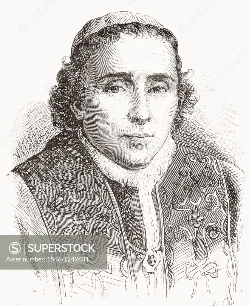 Pope Pius VII, 1742-1823, born Barnaba Niccolò Maria Luigi Chiaramonti  Italian monk, theologian, bishop and Pope  From Nuestro Siglo, published 1883