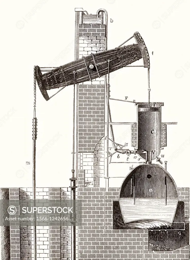 Thomas Newcomen´s Atmospheric Steam Engine c  1710  From Nuestro Siglo, published 1883