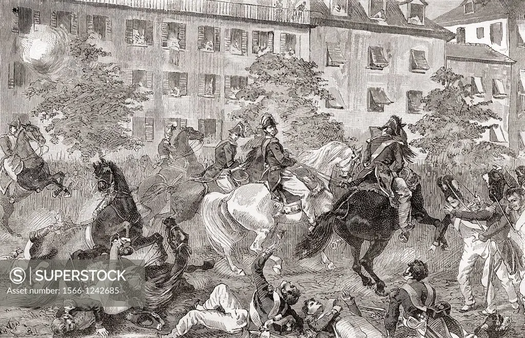 The assassination attempt on king Louis Philippe I of France, Boulevard du Temple, Paris, France in 1835, by Giuseppe Mario Fieschi  From Nuestro Sigl...