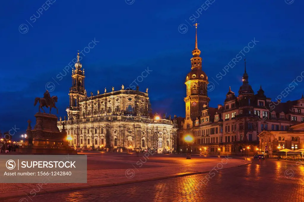 View over Theaterplatz square to the Catholic Court Church, equestrian statue of King Johann of saxony, Dresden Castle and the Hausmannsturm tower, Dr...