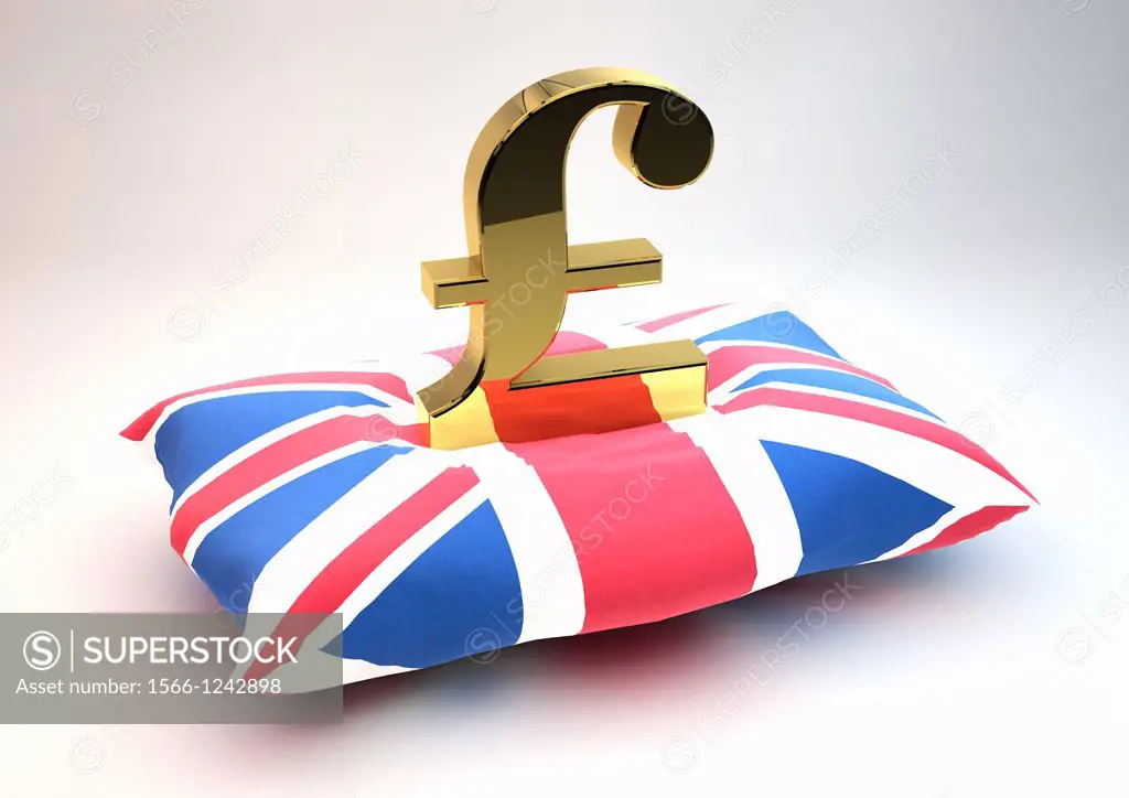 Solid gold British Pound symbol sitting on a Union Jack Flag patterned cushion - Concept image - 3D Render