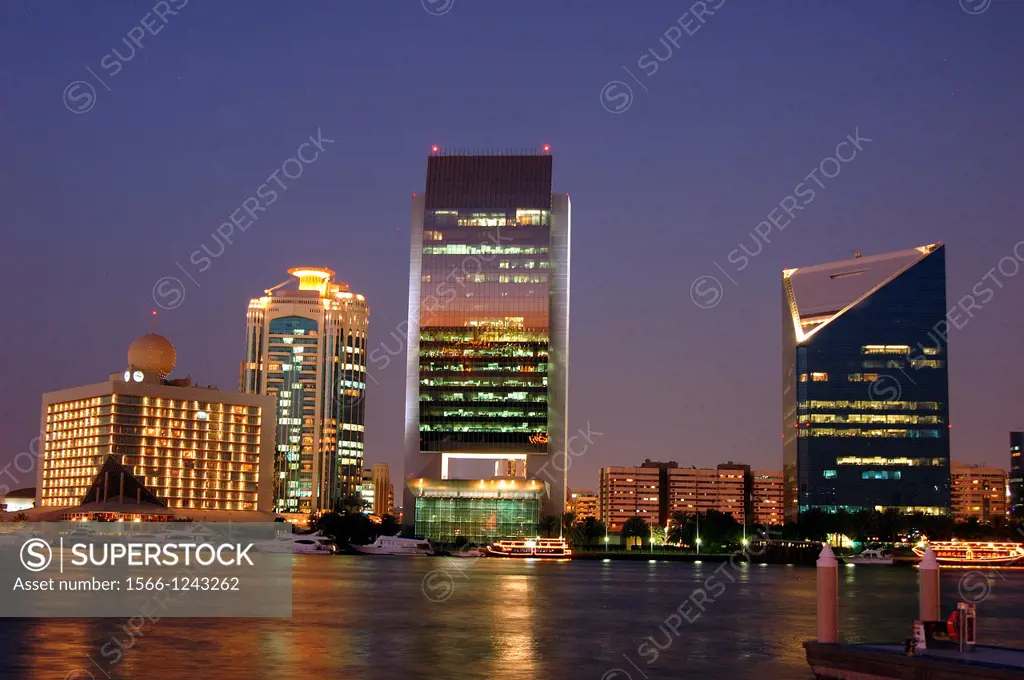 United Arab Emirates, Dubai, Dubai Creek. In the background Deira Creek neighborhood and The tower of the Chamber of Commerce and Industry and the hea...