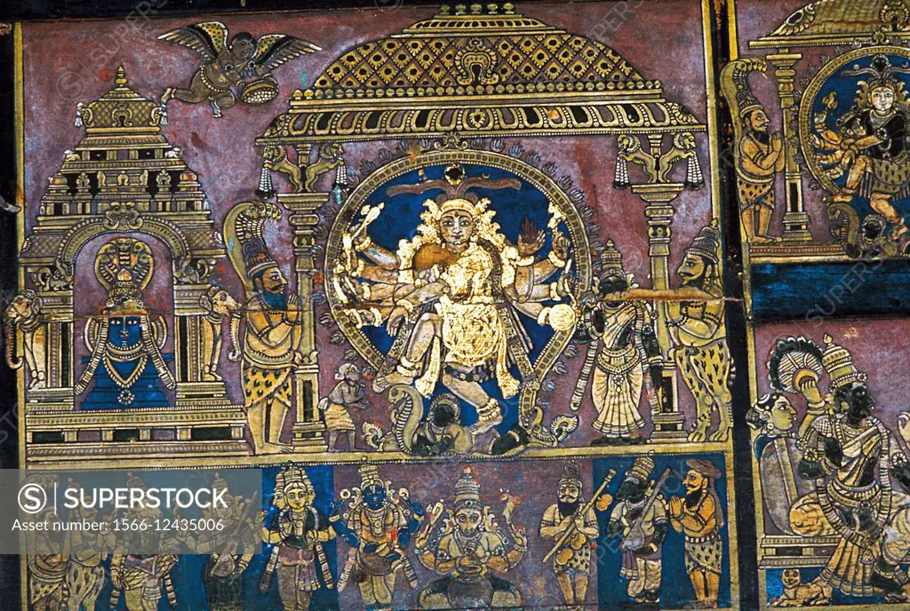 Shiva as Nataraja, painting on a wooden board. Minakshi Sundaresvara Temple. Madhurai, Tamilnadu, India. Dated: 1800 A.D.
