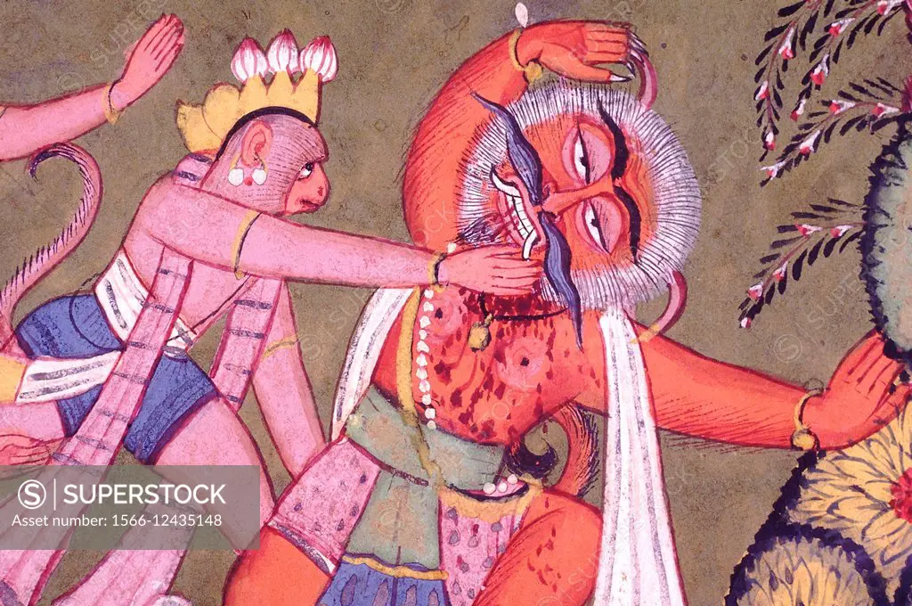 Monkey and demon. Pahari painting from a private collection. Dated: 1700-1710 A.D. Kulu, India.