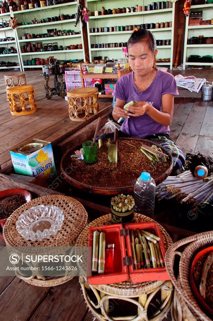 Burmese Woman of Intha Ethnic Group Making Cheroots, Inle Lake, Shan state, Myanmar, Burma