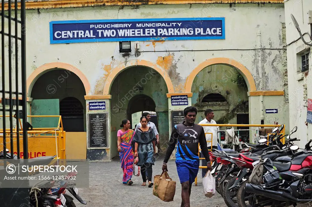 Central Two Wheeler Parking Place motorcycle parking lot, Pondicherry (Puducherry), India.
