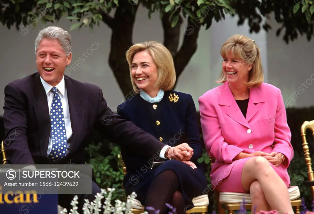 US President Bill Clinton jokes with first lady Hillary Clinton and Tipper Gore during an event at the White House March 22, 1997 in Washington, DC.