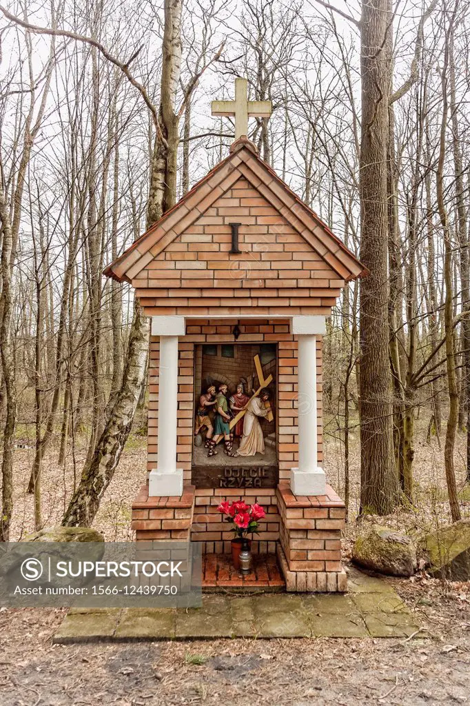 Station of the Cross or Way of the Cross depicting Jesus Christ on the day of his crucifixion by the Sanctuary of Our Lady of Fatima in Gorki village,...