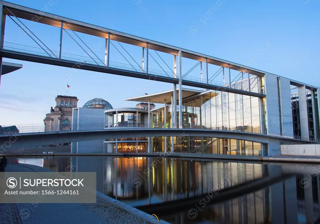 On background Reichstag, Paul Loebe House, Government Building, Government District, Spree river, Berlin, Germany, Europe.