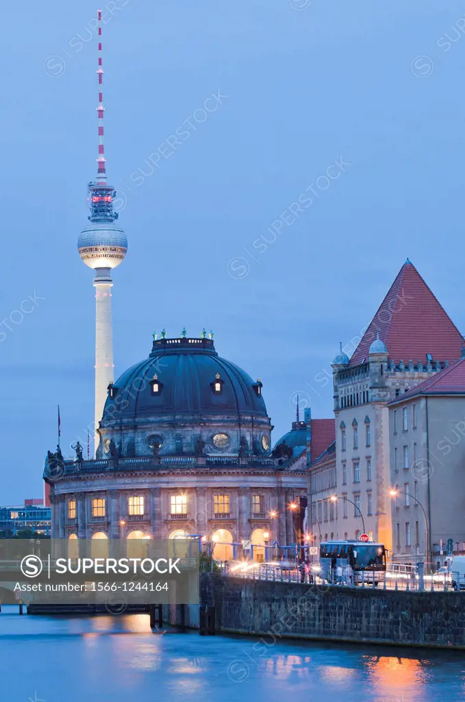 Spree River, Bode Museum, Museum Island, Museumsinsel, on background Television Tower, Berlin, Germany, Europe.
