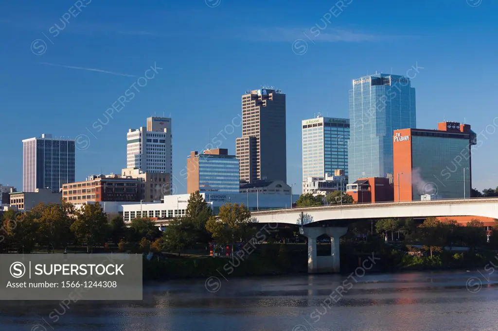 USA, Arkansas, Little Rock, city skyline from the Arkansas River, morning