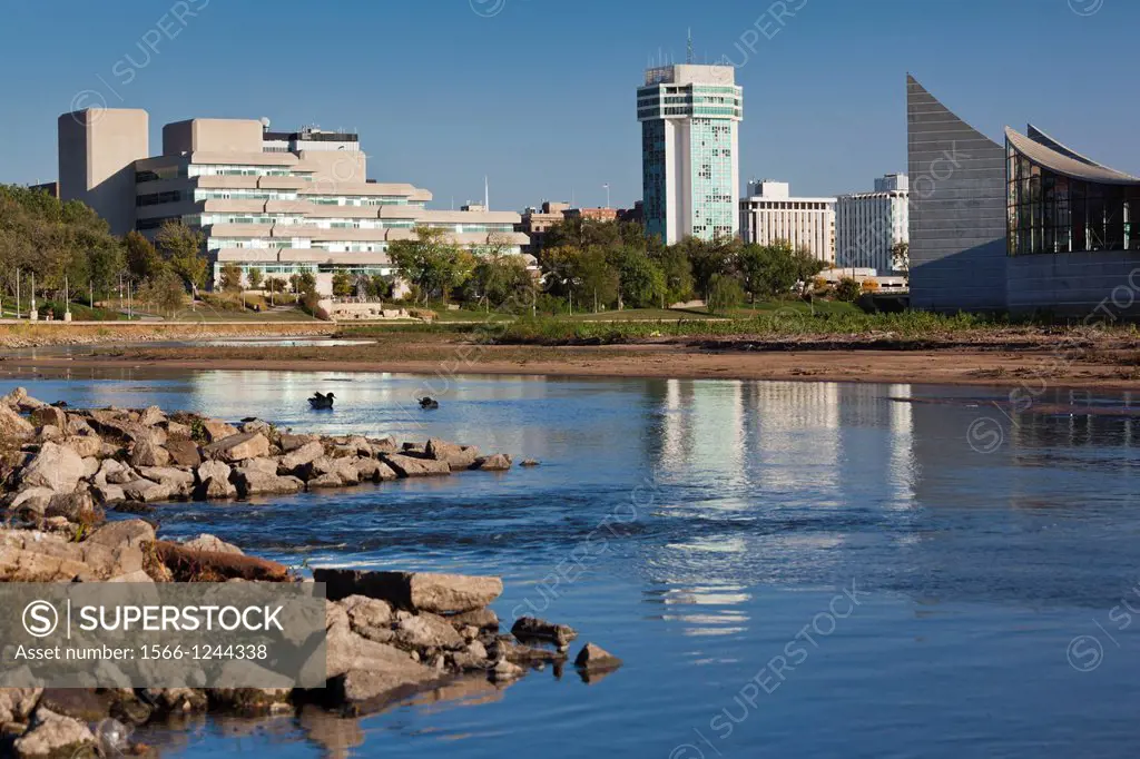 USA, Kansas, Wichita, skyline by the Arkansas River