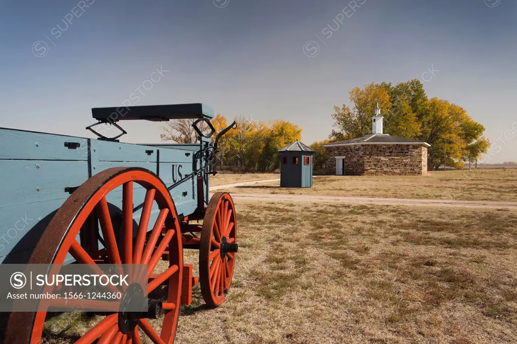 USA, Kansas, Larned, Fort Larned National Historic Site, mid-19th century military outpost, protecting the Santa Fe Trail, wagon and blockhouse stocka...