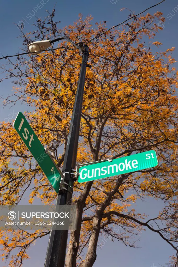 USA, Kansas, Dodge City, sign for Gunsmoke Street