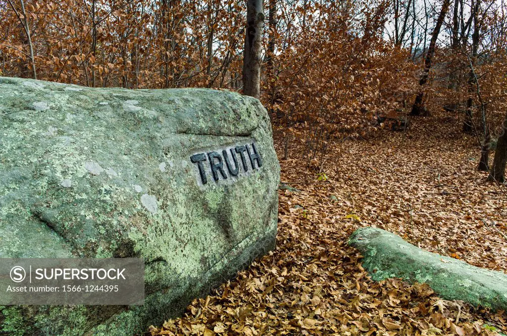 USA, Massachusetts, Gloucester, Dogtown rocks with inspirational words, Truth