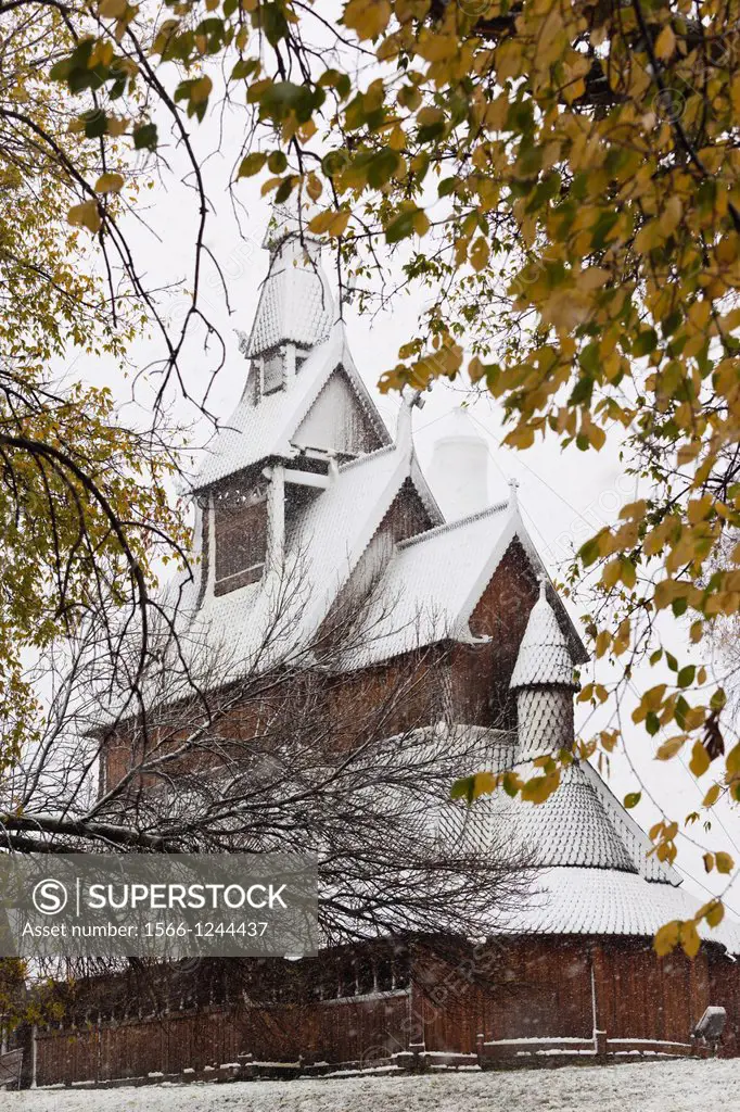 USA, Minnesota, Moorhead, Hopperstadt Norwegian Stave Church, winter