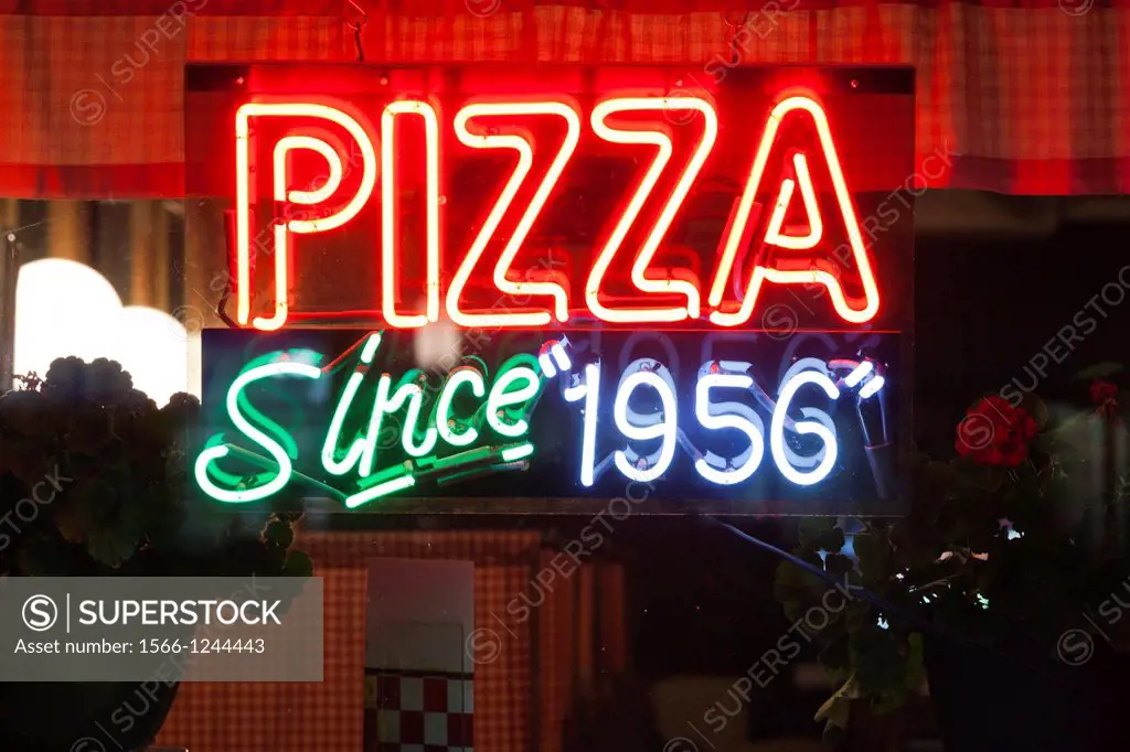 USA, North Dakota, Fargo, Pizza since 1956, neon sign