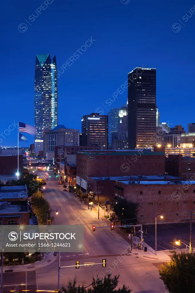 USA, Oklahoma, Oklahoma City, elevated view of the skyline from Bricktown, dawn