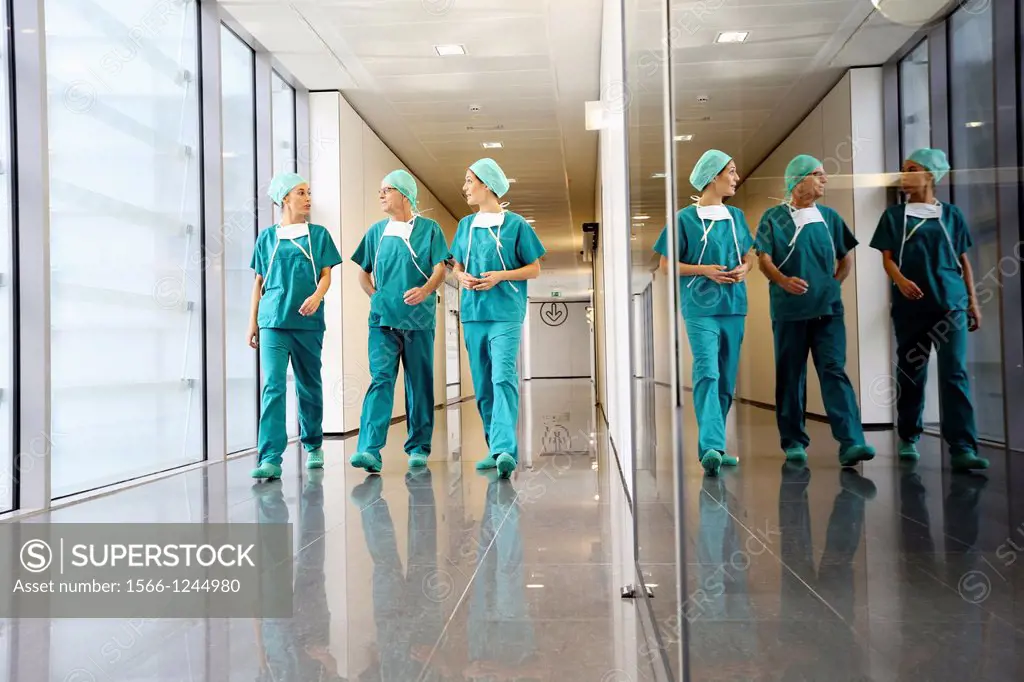 surgeons walking in the operating room hallway, Onkologikoa Hospital, Oncology Institute, Case Center for prevention, diagnosis and treatment of cance...