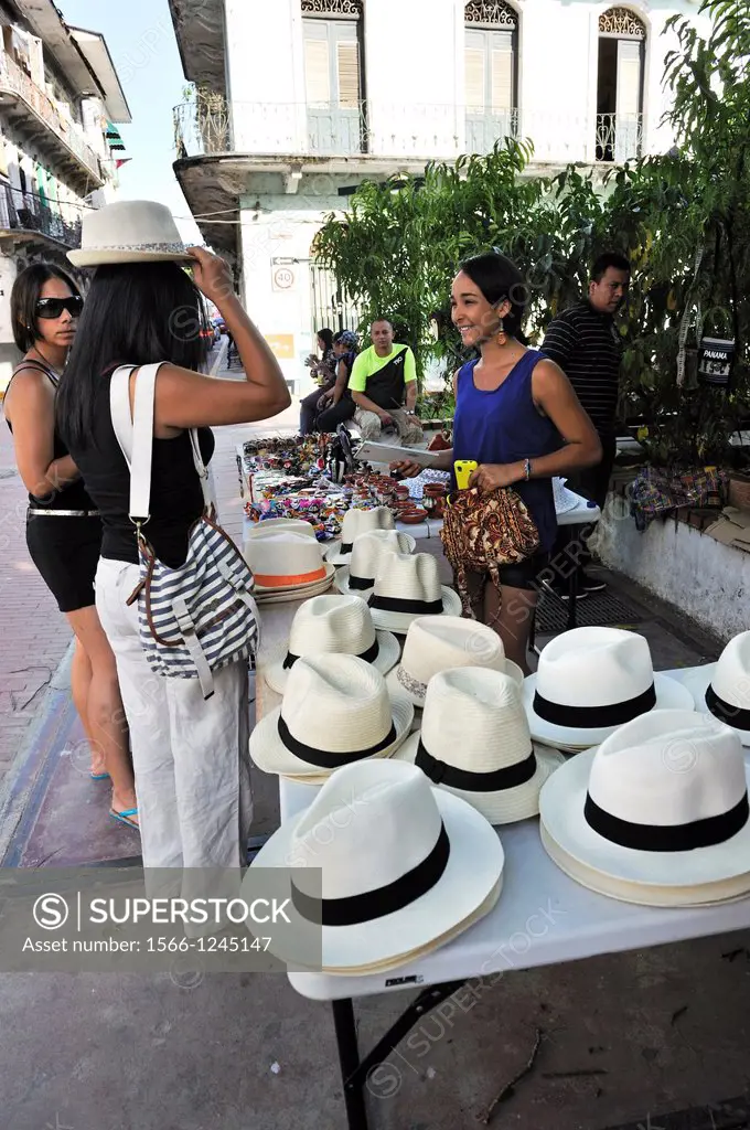 Panama hat sold in a street of Casco Antiguo the historic district of Panama City, Republic of Panama, Central America