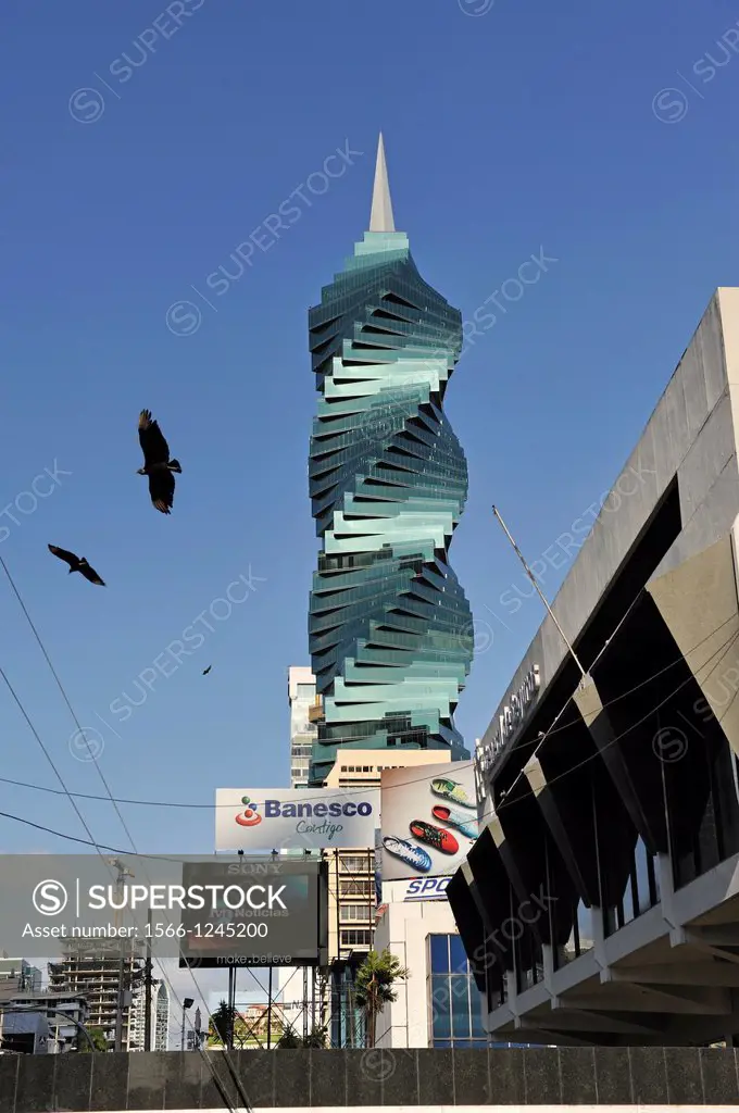 remarkable helical tower named Revolution Tower and also called El Tornillo, designed by Pinzon Lozano, Panama City, Republic of Panama, Central Ameri...