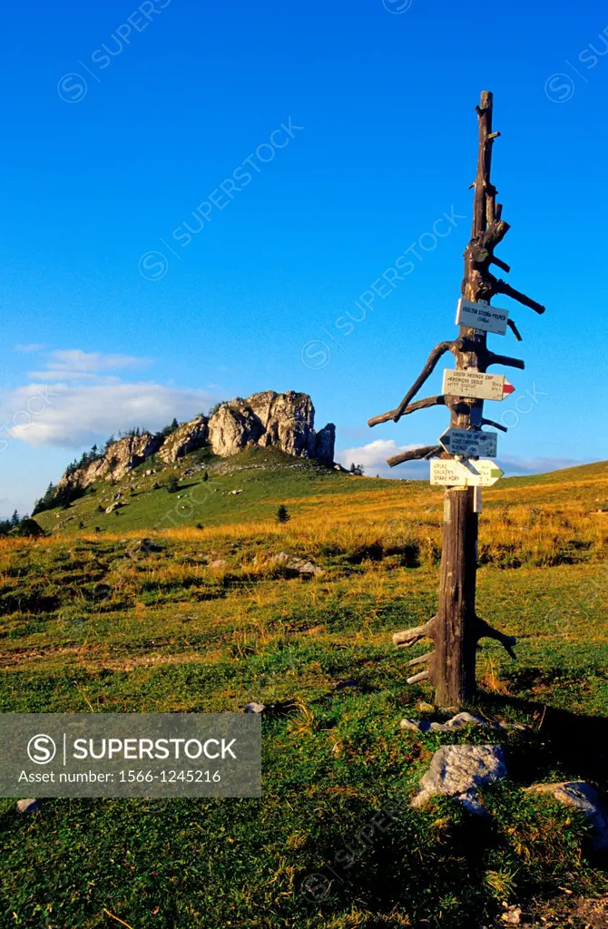 The tourist signpost at the Kralova studna, National Park Velka Fatra, Slovakia