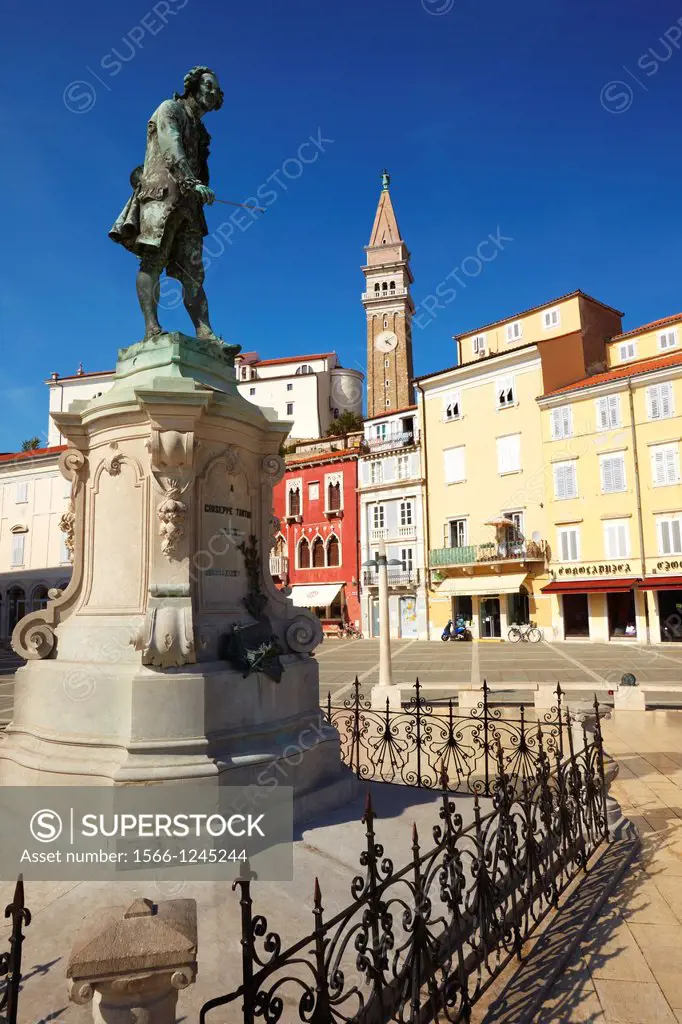 Statue of the composer Tartini in Tartinijev trg Square and the church of St George, Piran, Adriatic coast, Slovenia