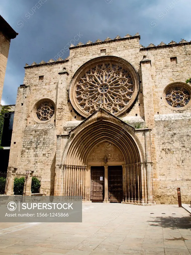 Monastery of Sant Cugat, facade. Benedictine abbey. Founded in the 9th century. Sant Cugat del Vallès, Catalonia, Spain.