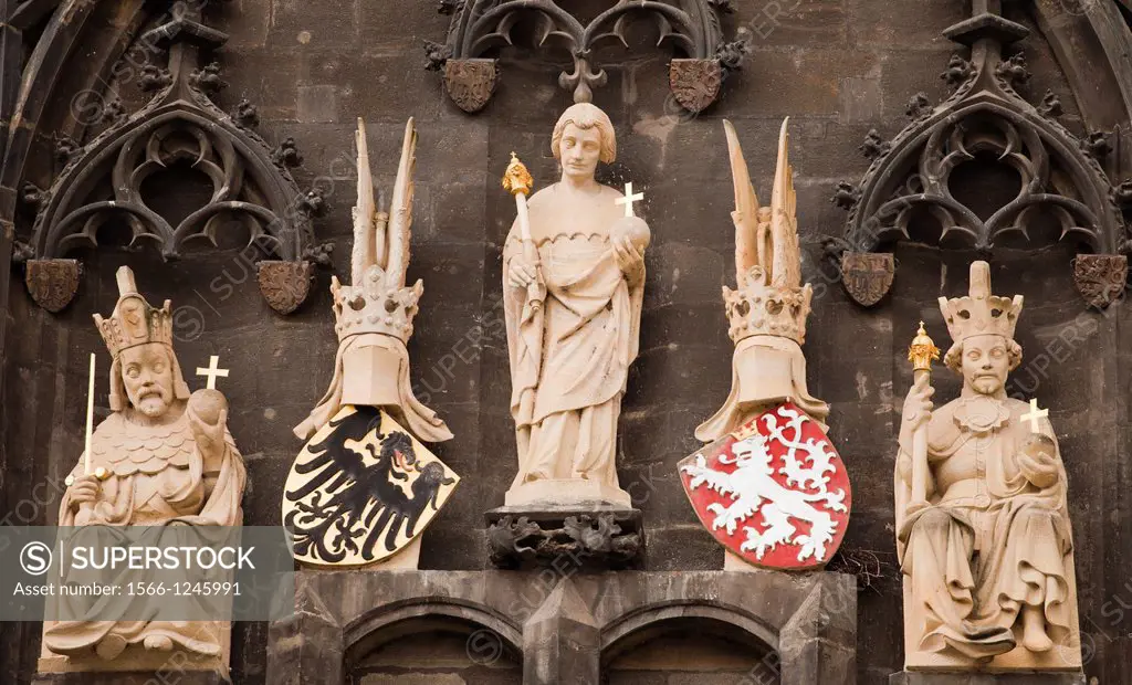Gothic sculptures, Emperor Charles IV, bridge patron St  Veit, King Wenceslas IV, coat of arms of the Holy Roman Empire and Bohemia, Old Town Bridge T...