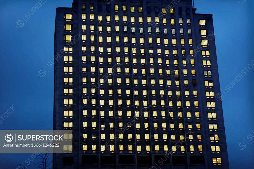 office building at night with lights in the windows, Shell Centre, Belvedere Road, London Borough of Lambeth, England, UK