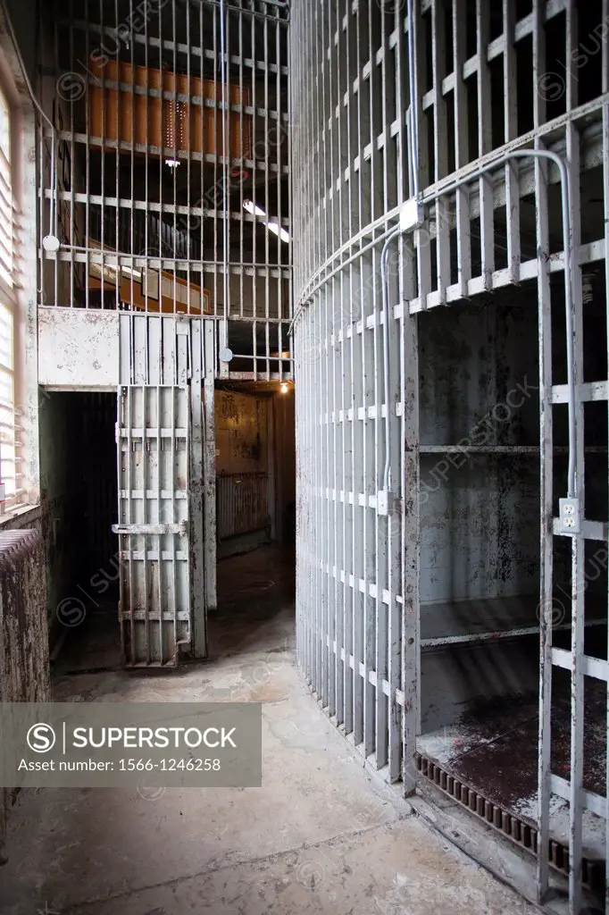 USA, Iowa, Council Bluffs, Historic Pottawattamie County Jail, 1885 Squirrel Cage Jail, 3 story jail in a drum, interior