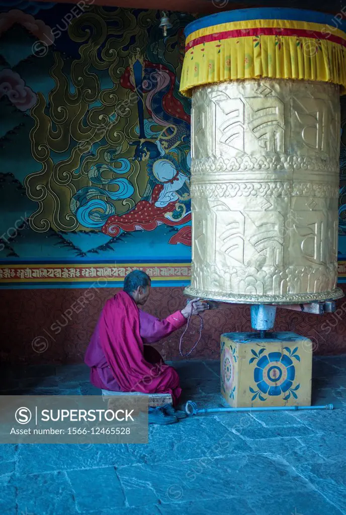 Monk and Prayer Wheel, Bhutan