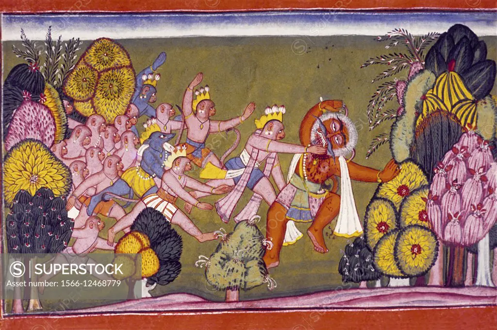 Demon attacked by the monkey warriors. Kulu, circa 1750 A.D. Ramayana Scene painting, India.