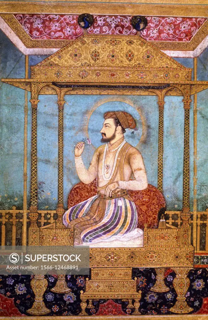 Shah Jahan on the Peacock Throne. Mughal miniature painting circa 1630 A.D. India.