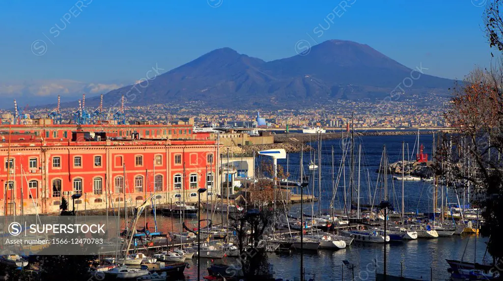 View to Mount Vesuvius from Giardini del Molosiglio, Naples, Campania, Italy.