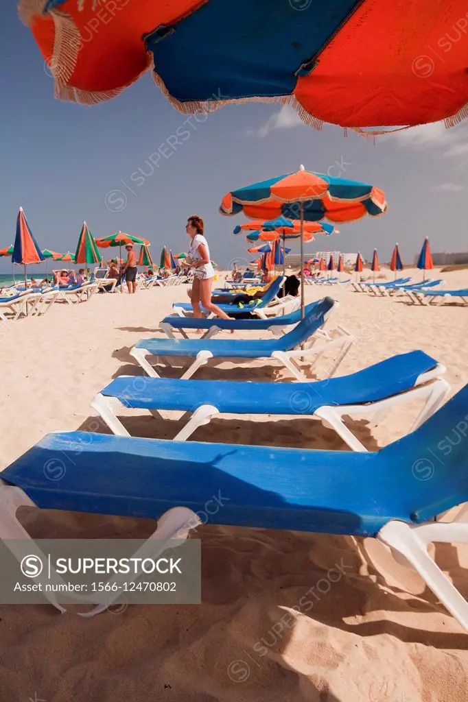 Colorful parasols and sunbeds on the beach in the northeastern coast, Corralejo Natural Park, Fuerteventura, Canary Islands, Spain, Europe.