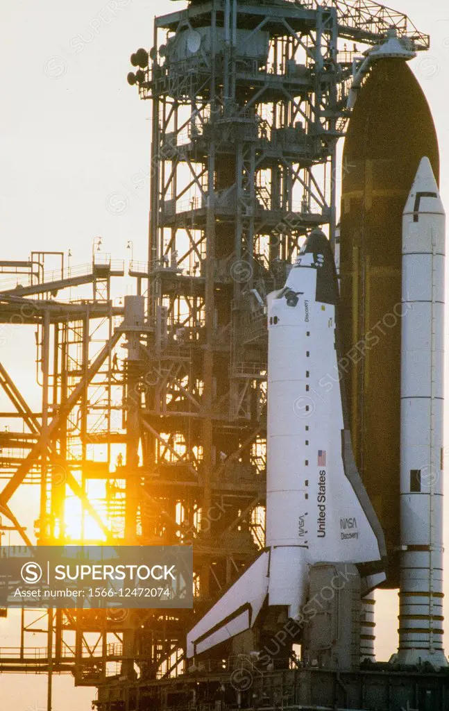 Space Shuttle Discovery on launch pad at Kennedy Space Center in Florida..