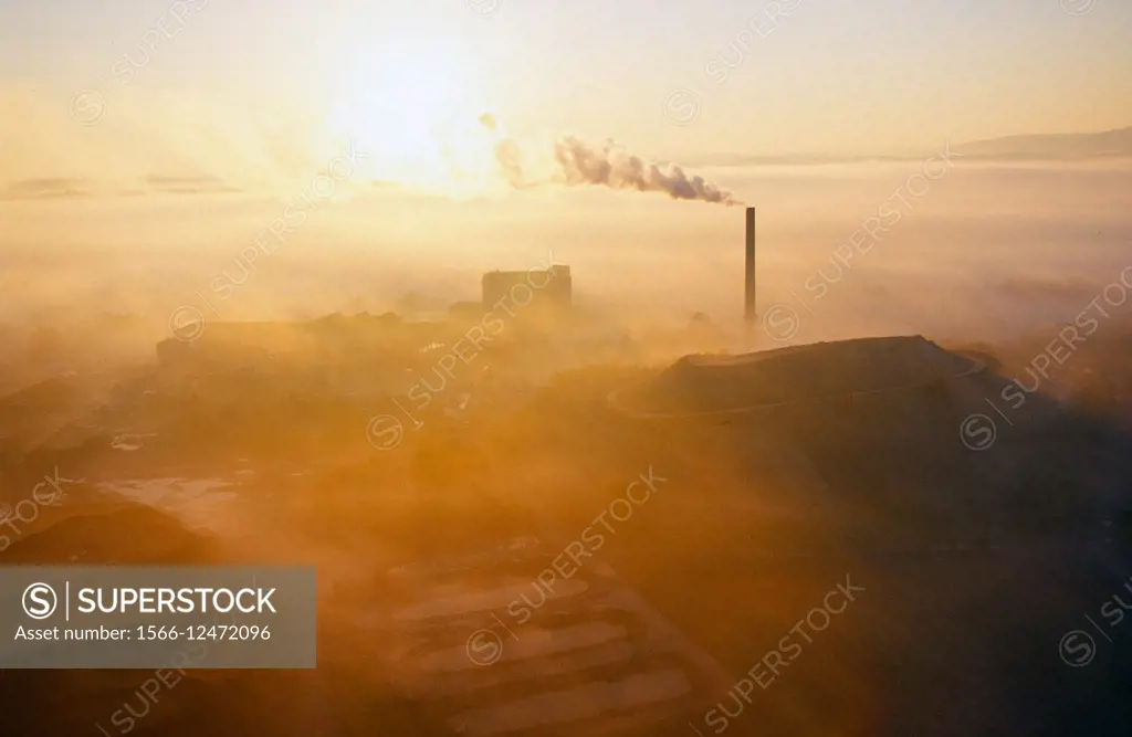 Aerial of factory at sunset. Frederick Maryland.