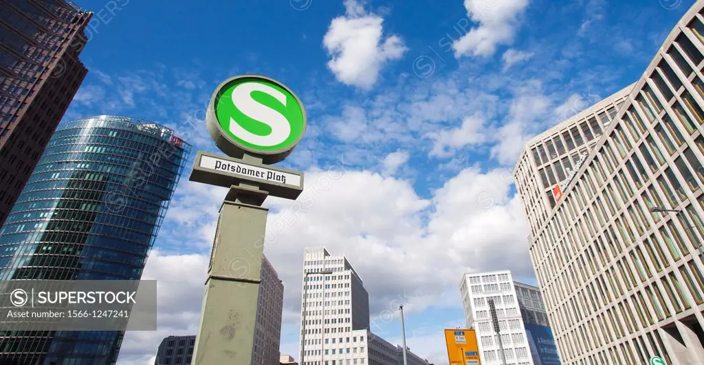 Suburban Railway sign, DB Tower, Potsdamer Platz square, Tiergarten quarter, Berlin, Germany, Europe.
