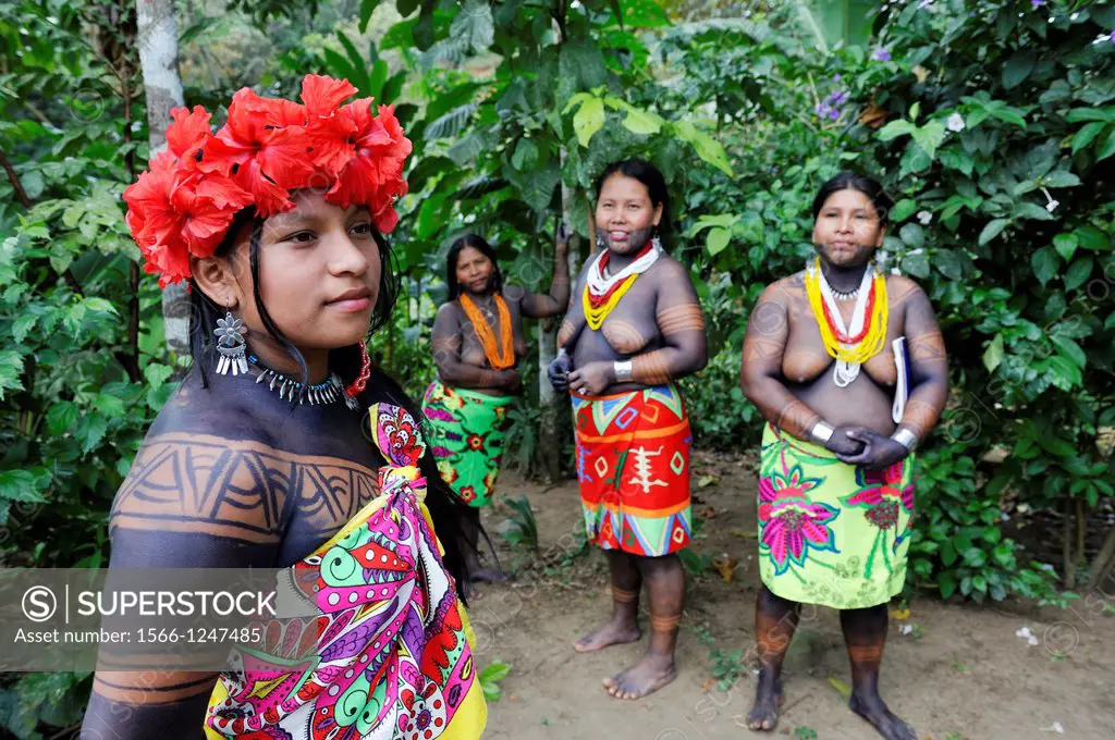women of Embera native community living by the Chagres River within the Chagres National Park, Republic of Panama, Central America