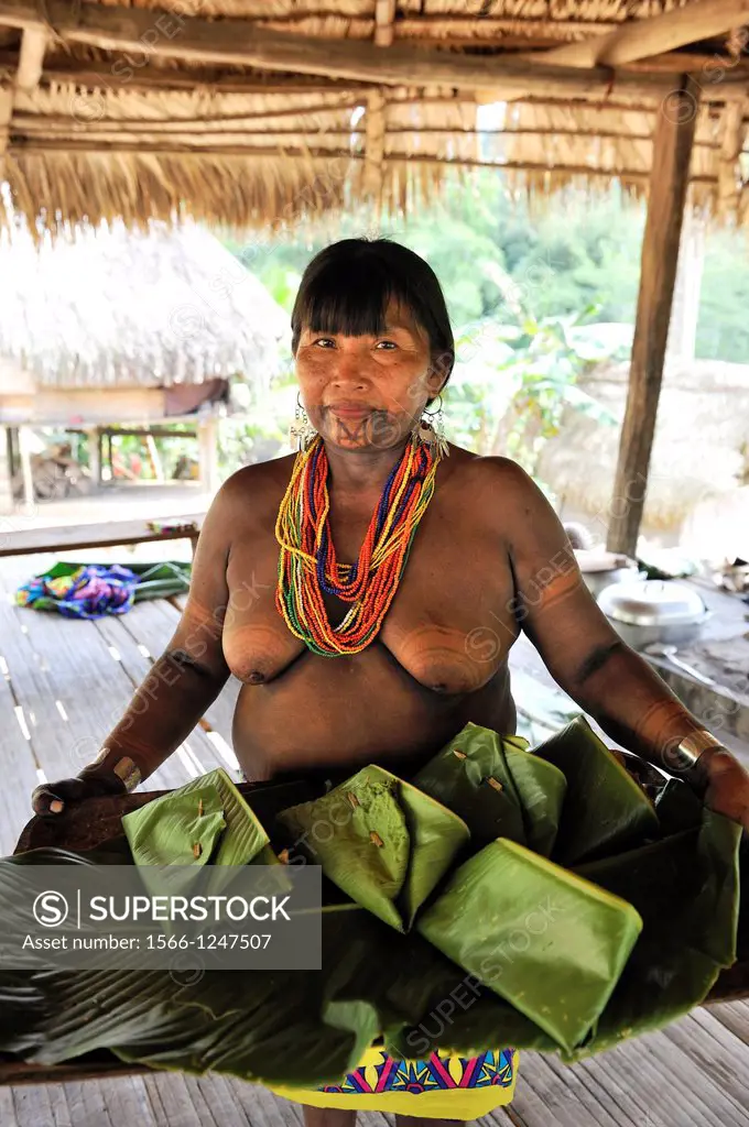 women offering dishes of fish wrapped in leaves, Embera native community living by the Chagres River within the Chagres National Park, Republic of Pan...