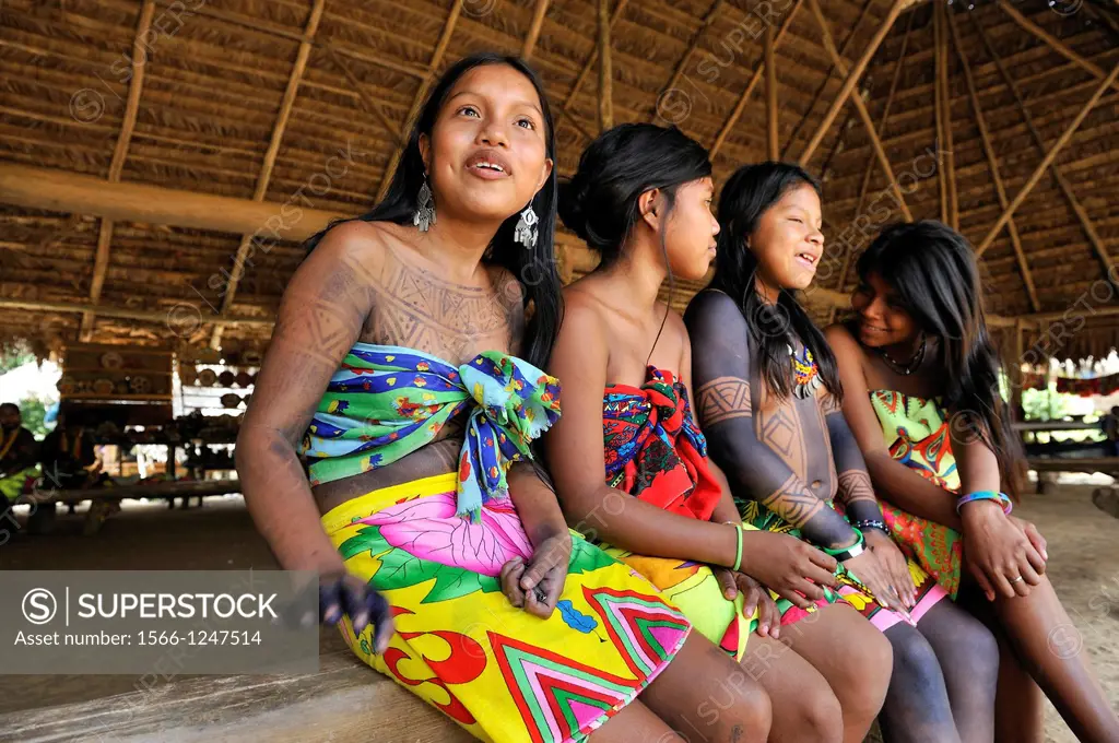 Esilda on left and her friends, young teenagers of Embera native community living by the Chagres River within the Chagres National Park, Republic of P...